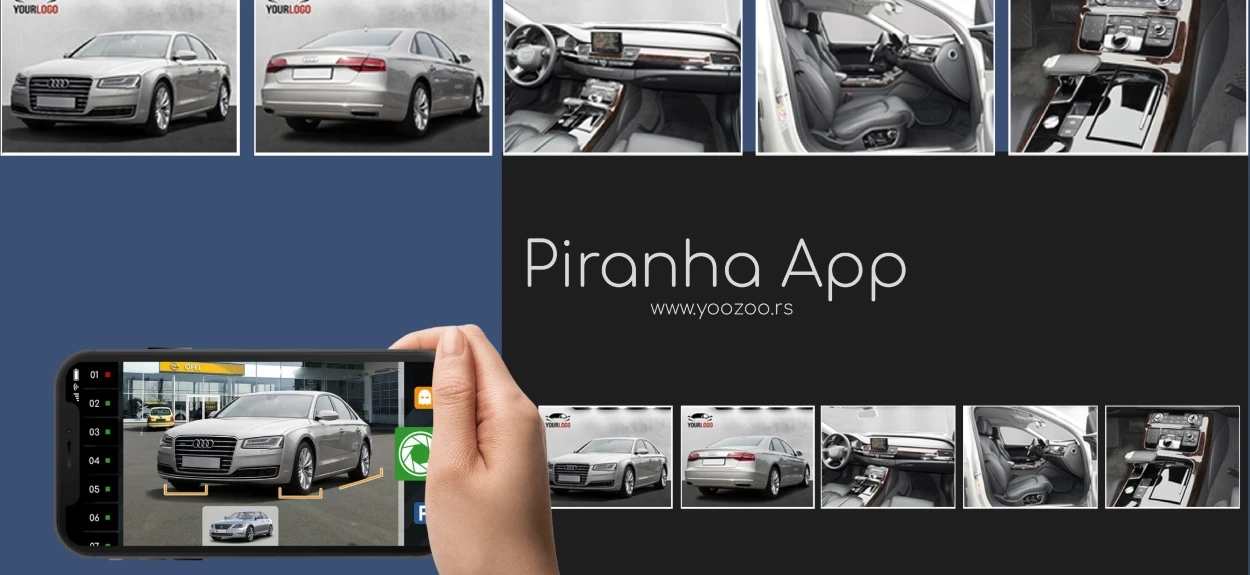 Prikaz Piranha aplikacije za profesionalno fotografisanje automobila – kolaž spoljašnjih i unutrašnjih fotografija vozila, namenjen za online prodaju