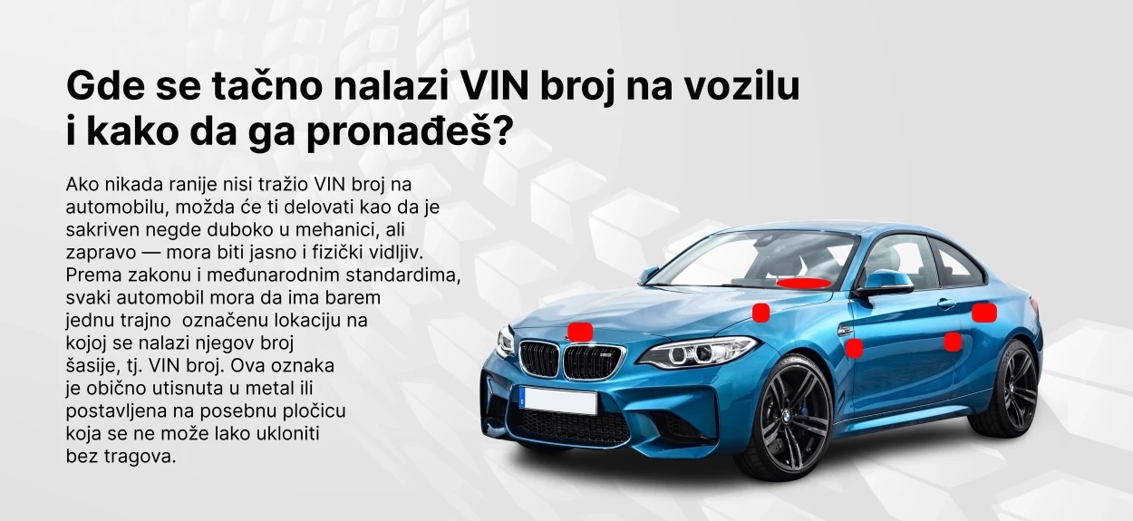 Sve moguće lokacije VIN broja na automobilu, ilustracija sa označenim mestima