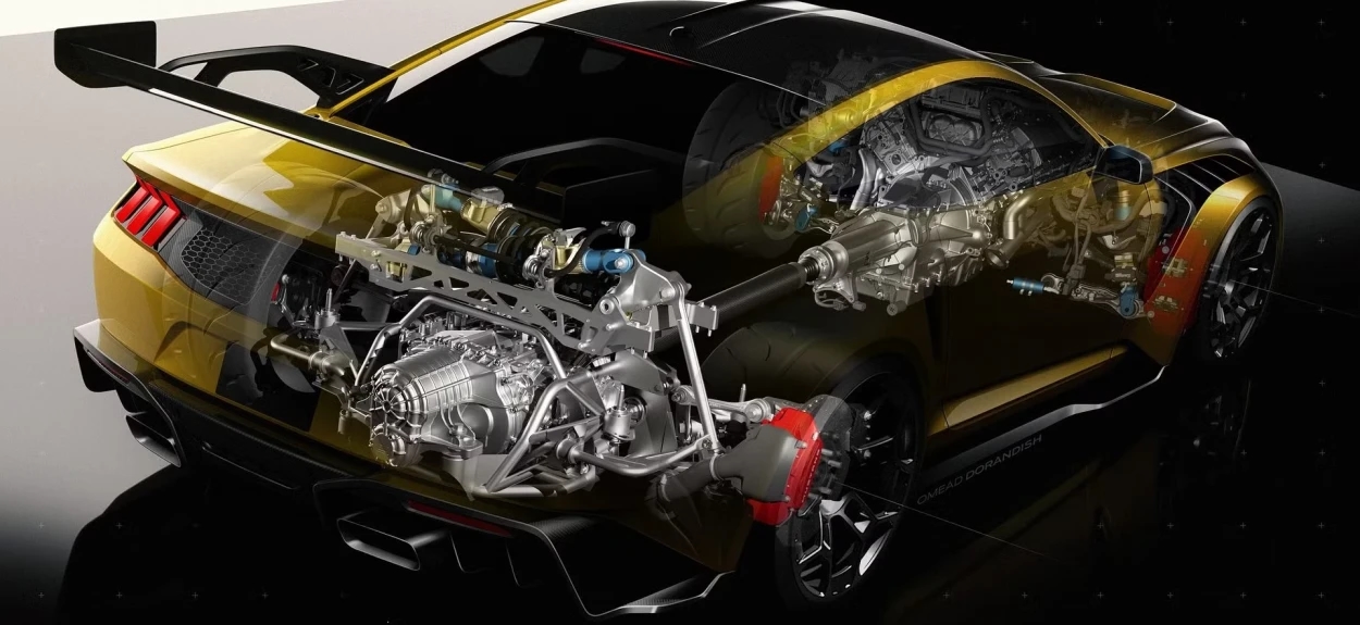 Ford Mustang GTD tehnički prikaz sa 5.2 V8 motorom i transaxle rasporedom