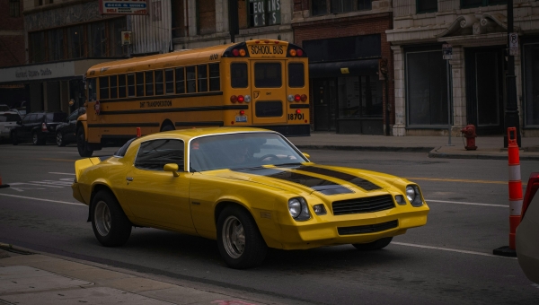 Klasični žuti Chevrolet Camaro druge generacije parkiran na gradskoj ulici ispred školskog autobusa.