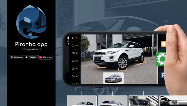 Naslovna ilustracija Piranha aplikacije za auto-placeve – mobilni prikaz fotografisanja Range Rover vozila sa dodatnim kadrovima enterijera i eksterijera