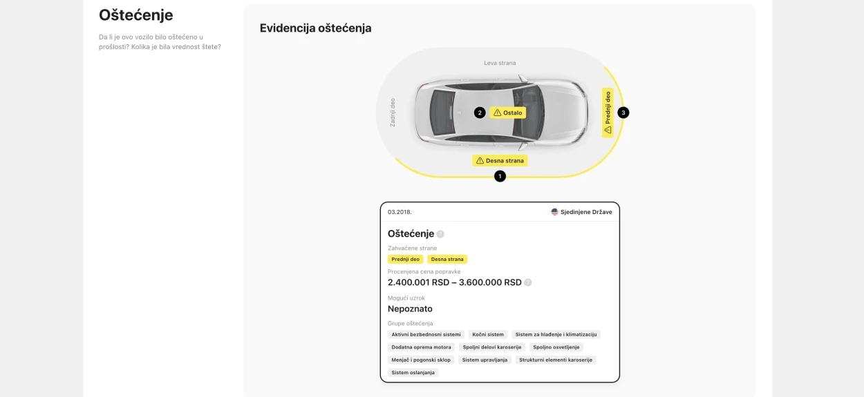 Izveštaj o istoriji vozila koji prikazuje oštećenja i procenu vrednosti automobila