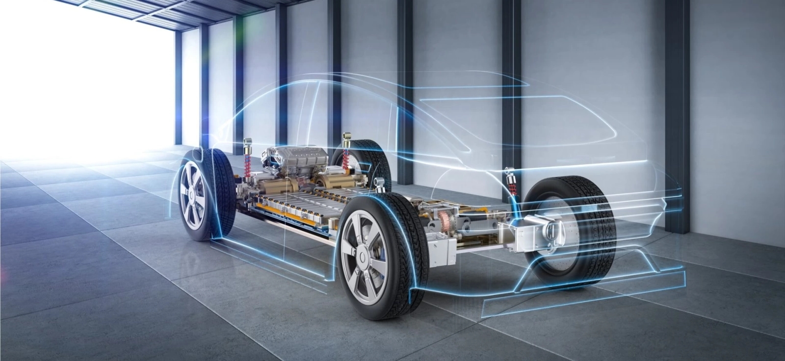Prikaz baterije i električnog pogona unutar električnog automobila u garaži, objašnjenje konstrukcije i rasporeda komponenti