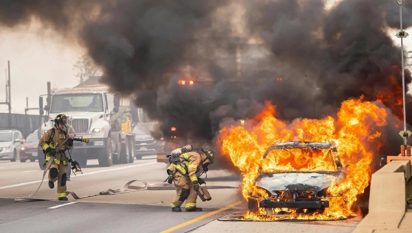 Vatrogasci gase zapaljeni automobil na autoputu tokom letnjeg dana uz gust dim i vatru