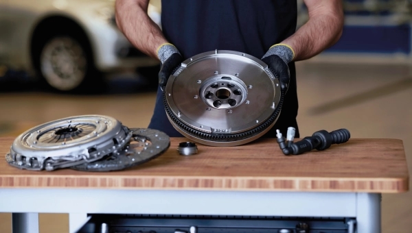 Mehaničar drži plivajući dvomaseni zamajac tokom servisa automobila u radionici